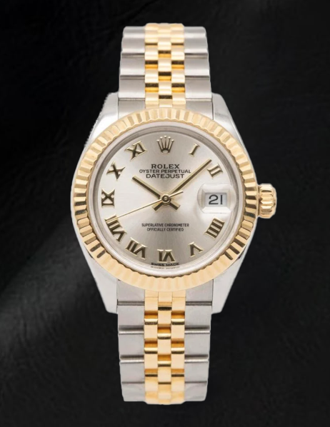 Rolex Lady-Datejust 28 mm 279173 Bicolor-Uhr mit silbernem Zifferblatt und römischen Ziffern