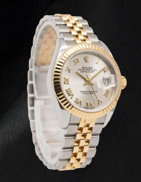 Rolex Lady-Datejust 28 mm 279173 Bicolor-Uhr mit silbernem Zifferblatt und römischen Ziffern