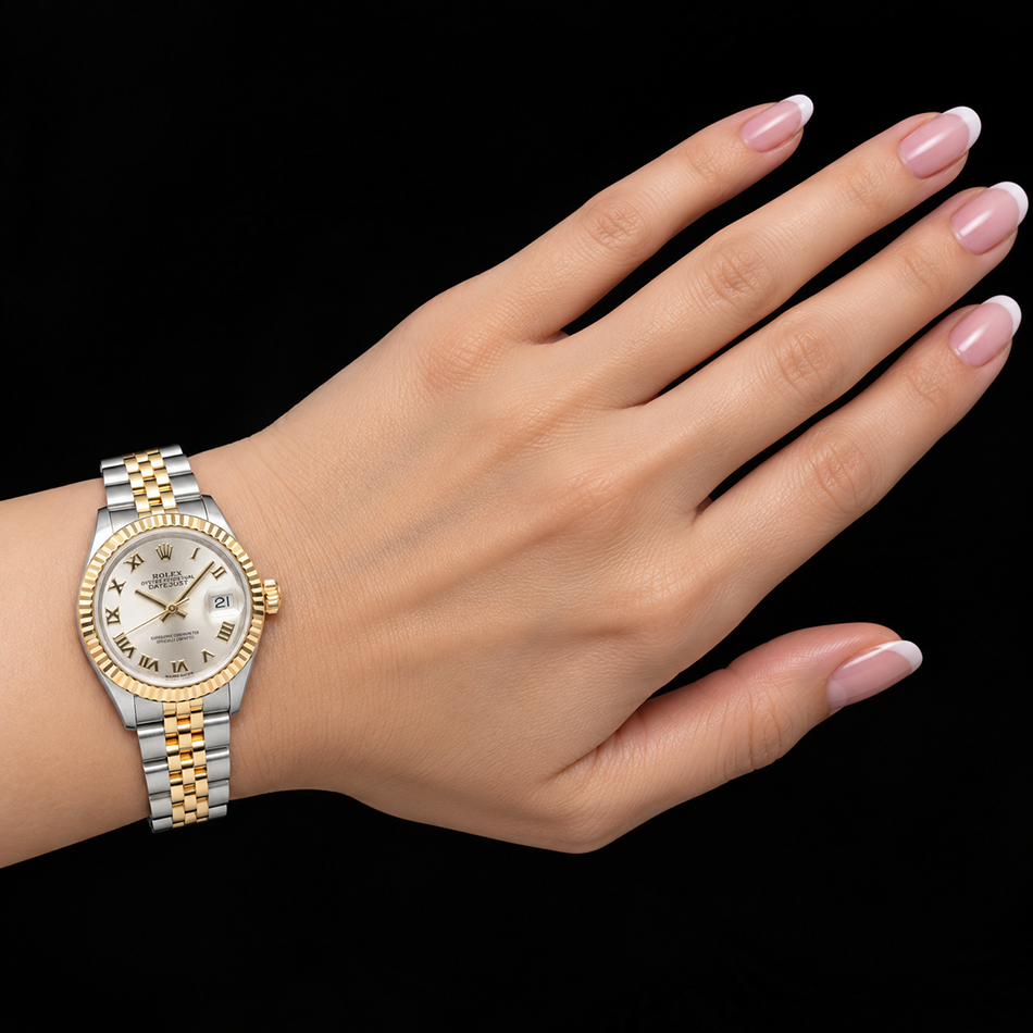 Rolex Lady-Datejust 28 mm 279173 Bicolor-Uhr mit silbernem Zifferblatt und römischen Ziffern