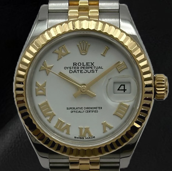 Rolex Lady-Datejust 28 mm 279173 Bicolor-Uhr mit weißem römischem Zifferblatt