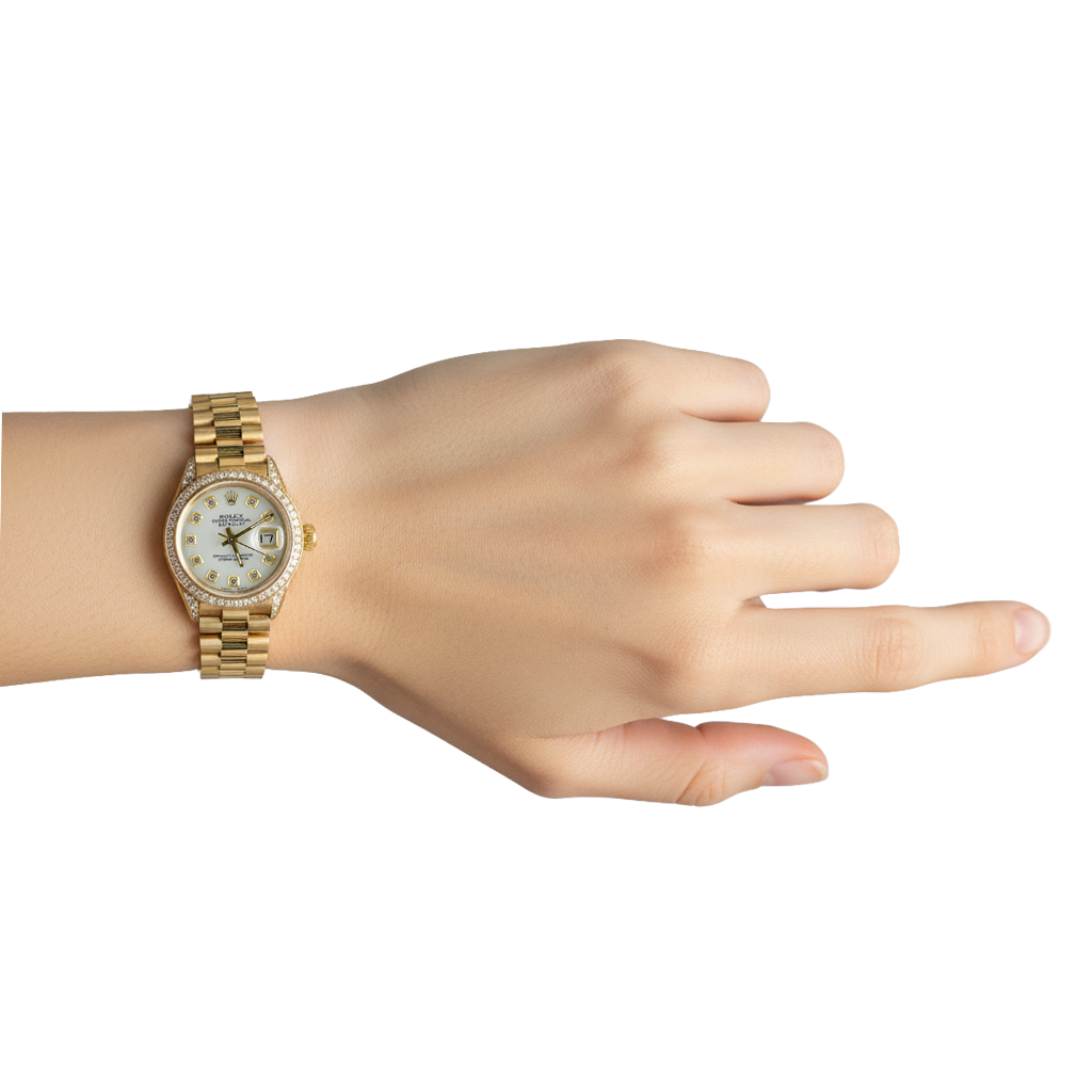 Rolex Lady Datejust Uhr im President-Stil mit Perlmutt-Diamant-Zifferblatt und Gelbgold P5