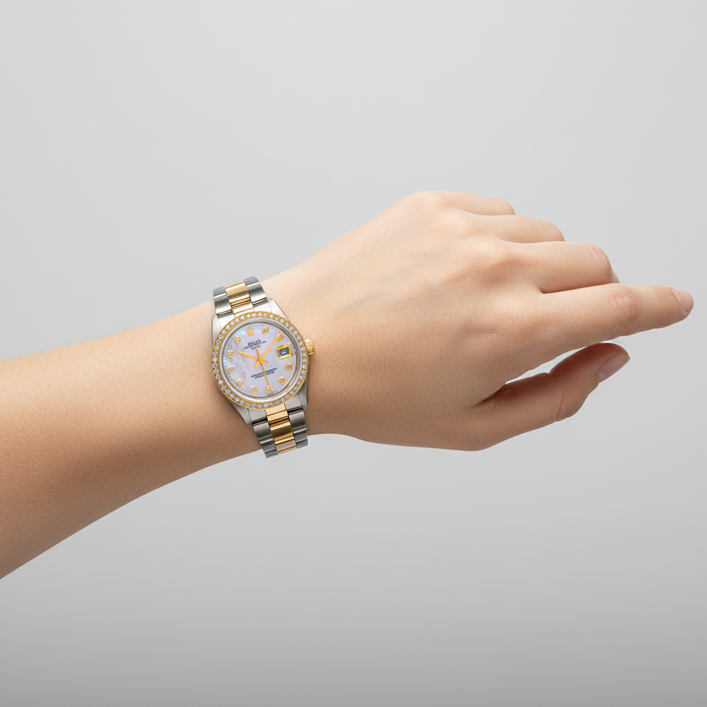 Rolex Lady Datejust, weißes Perlmutt-Zifferblatt mit Diamanten, 31 mm, zweifarbiges Oyster-Armband