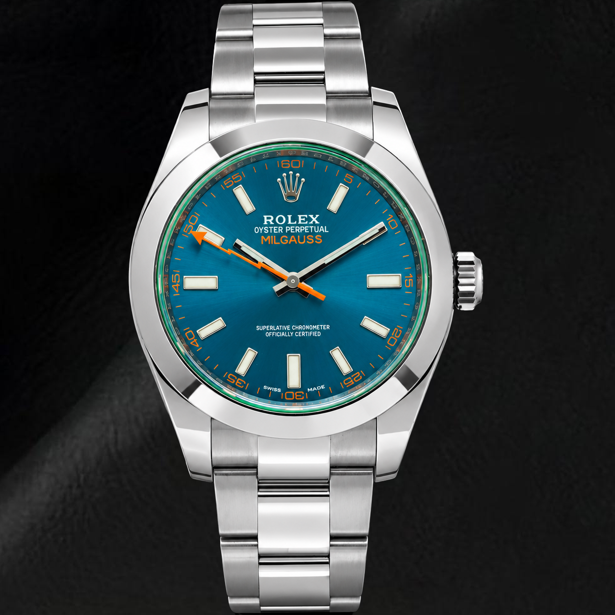 Rolex Milgauss 40 mm 116400GV Uhr, blaues Leuchtzifferblatt, Edelstahl, Oyster-Armband