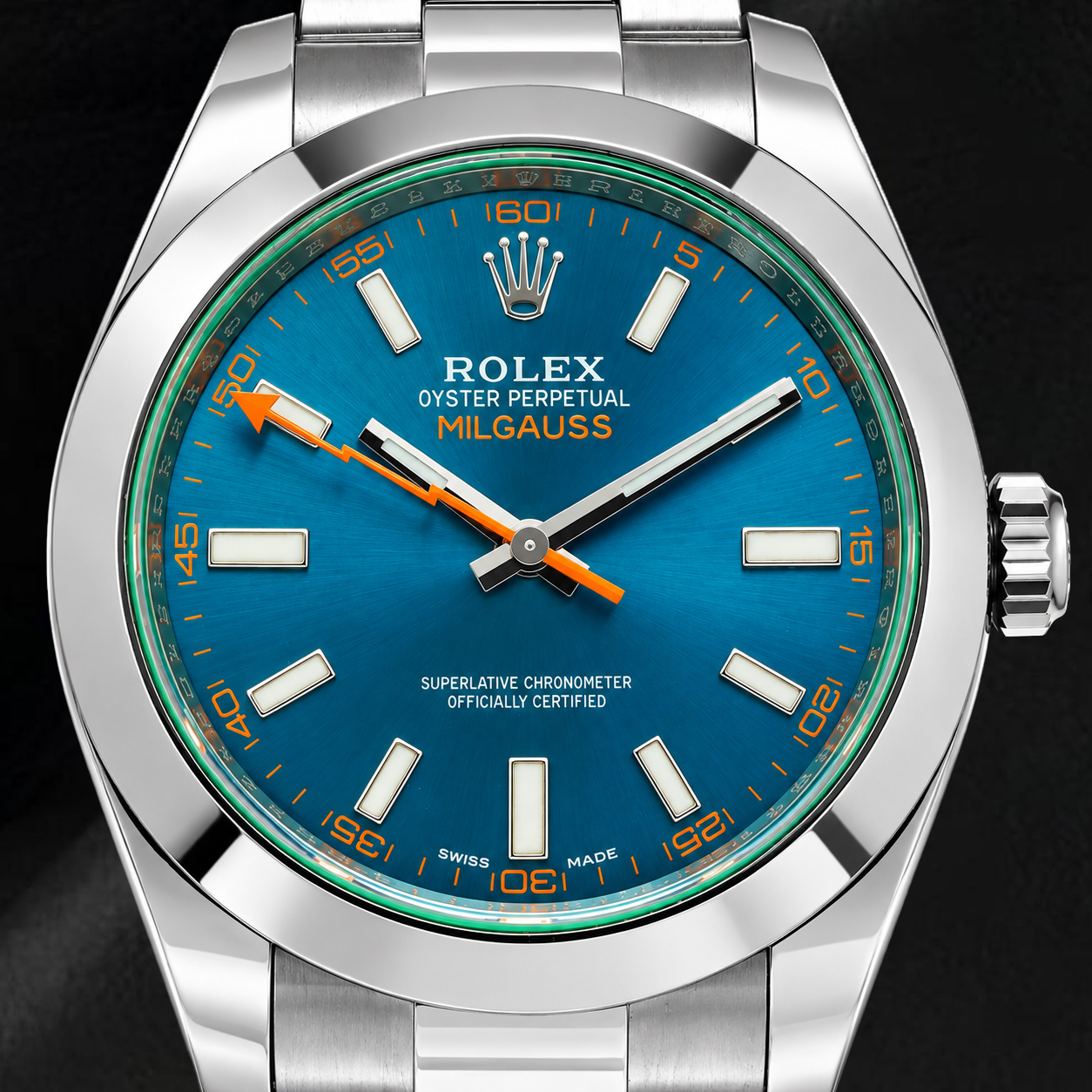Rolex Milgauss 40 mm 116400GV Uhr, blaues Leuchtzifferblatt, Edelstahl, Oyster-Armband