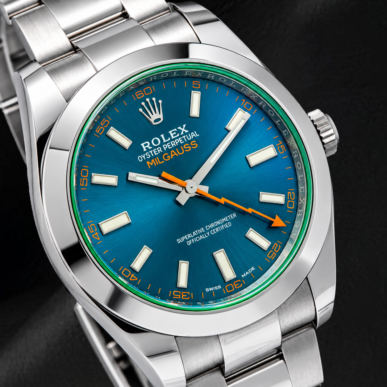 Rolex Milgauss 40 mm 116400GV Uhr, blaues Leuchtzifferblatt, Edelstahl, Oyster-Armband