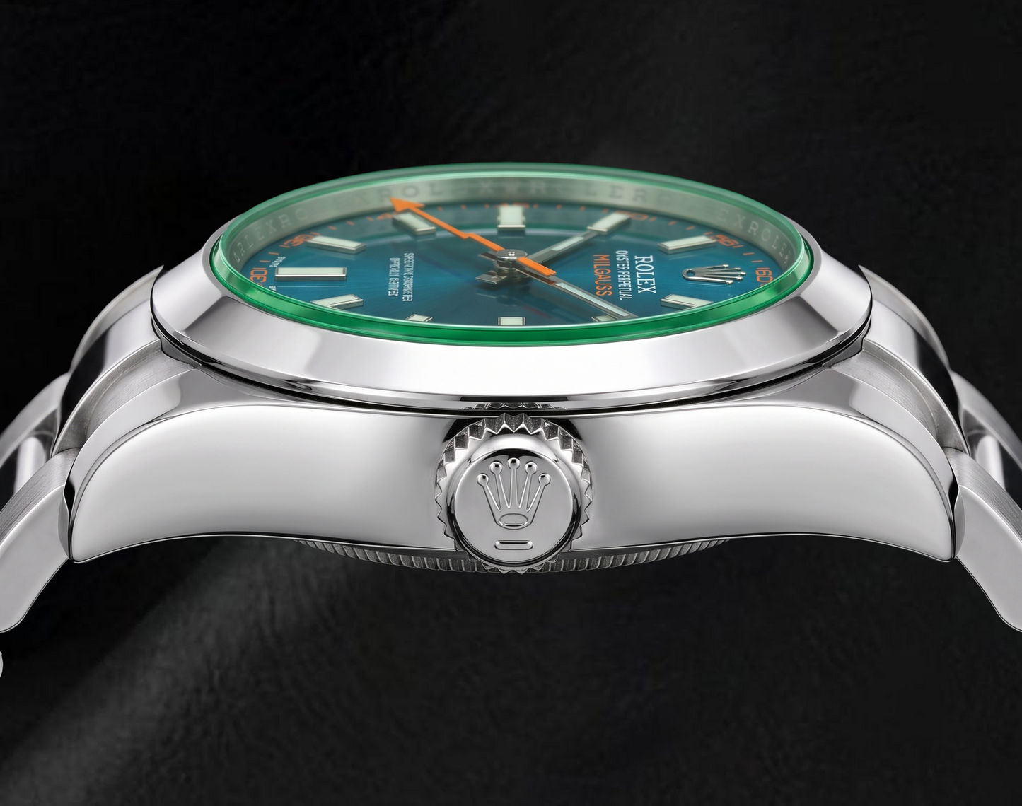 Rolex Milgauss 40 mm 116400GV Uhr, blaues Leuchtzifferblatt, Edelstahl, Oyster-Armband