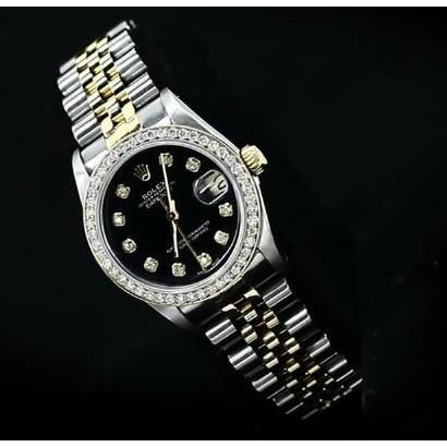 schwarzes mittelgroßes Diamant-Zifferblatt Rolex