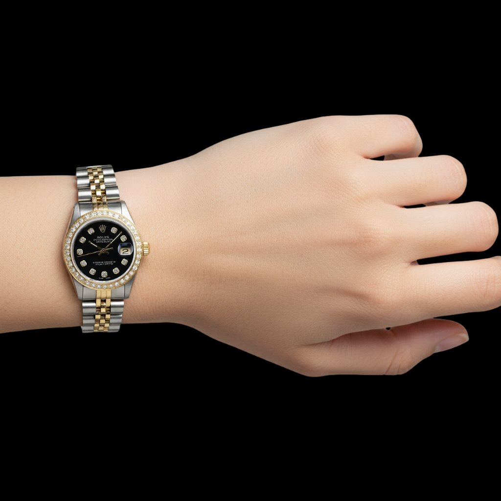 Rolex Mittelgroß-Datejust-Diamantuhr, schwarzes mittelgroßes Diamant-Zifferblatt P4