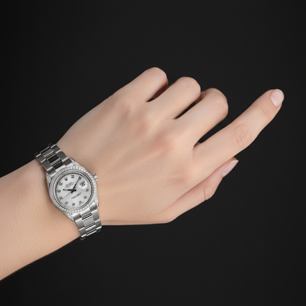 Rolex Mittelgroß-Uhr, individuelles Oyster-Armband mit Diamantlünette, Edelstahl P6