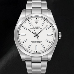 Rolex Oyster Perpetual 114300 39 mm Edelstahl-Uhr, weißes Zifferblatt mit leuchtenden Stabindizes