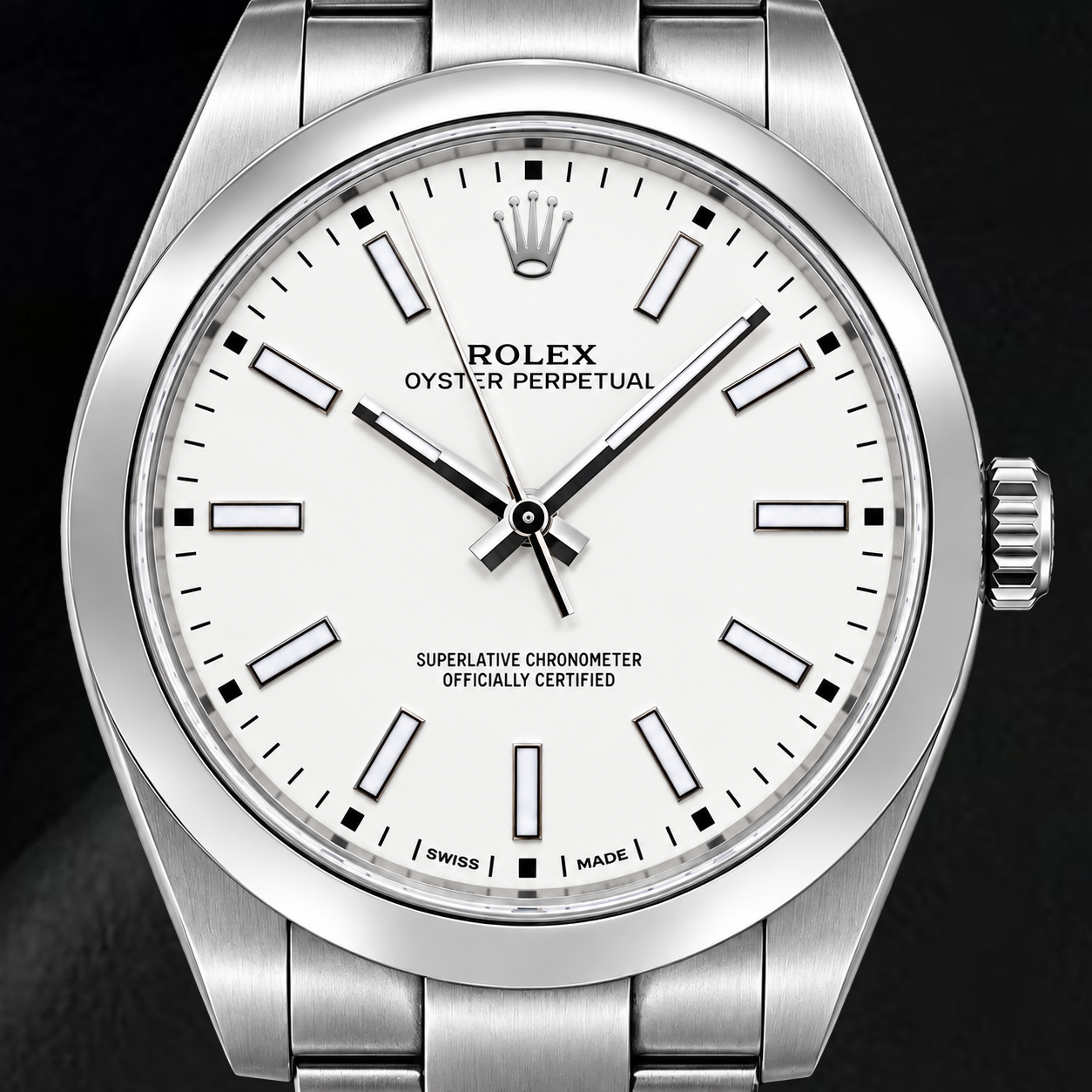 Rolex Oyster Perpetual 114300 39 mm Edelstahl-Uhr, weißes Zifferblatt mit leuchtenden Stabindizes