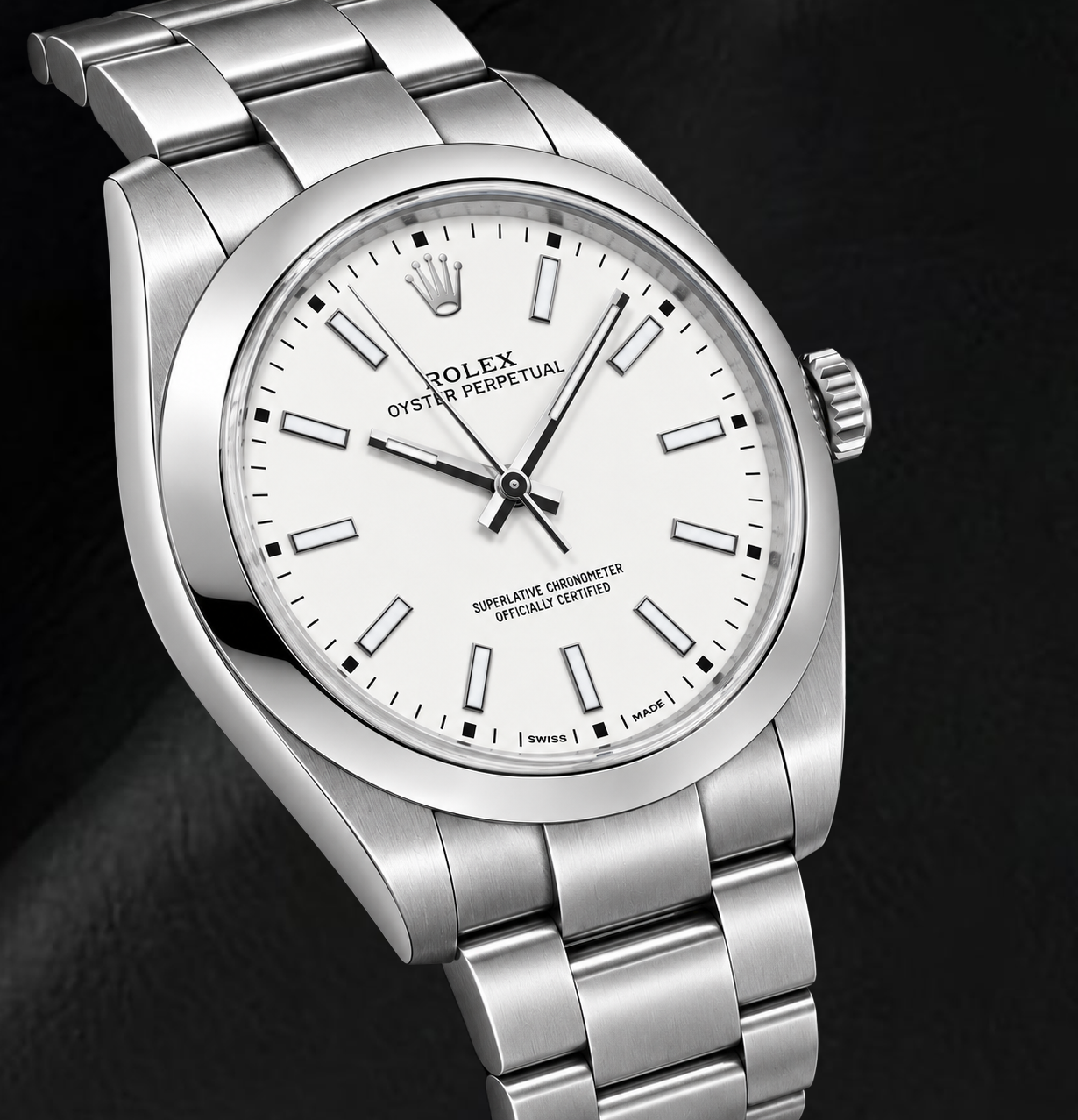 Rolex Oyster Perpetual 114300 39 mm Edelstahl-Uhr, weißes Zifferblatt mit leuchtenden Stabindizes