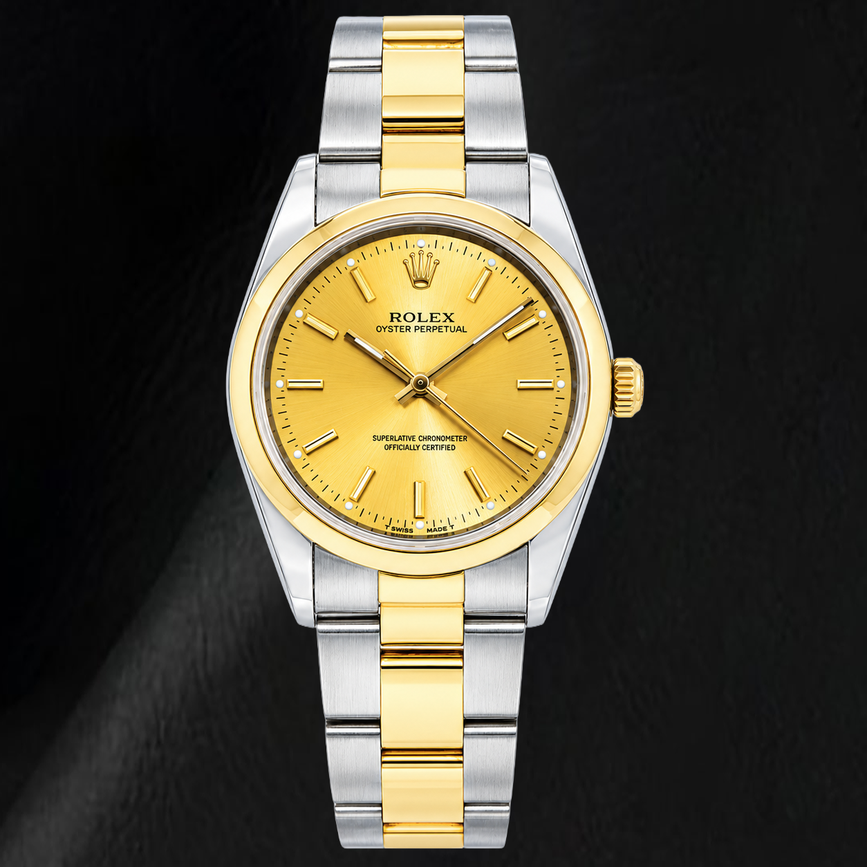 Rolex Oyster Perpetual 14203 34 mm Bicolor-Uhr mit champagnerfarbenem Zifferblatt mit Stabindizes