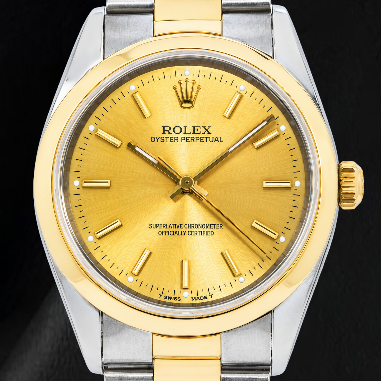 Rolex Oyster Perpetual 14203 34 mm Bicolor-Uhr mit champagnerfarbenem Zifferblatt mit Stabindizes