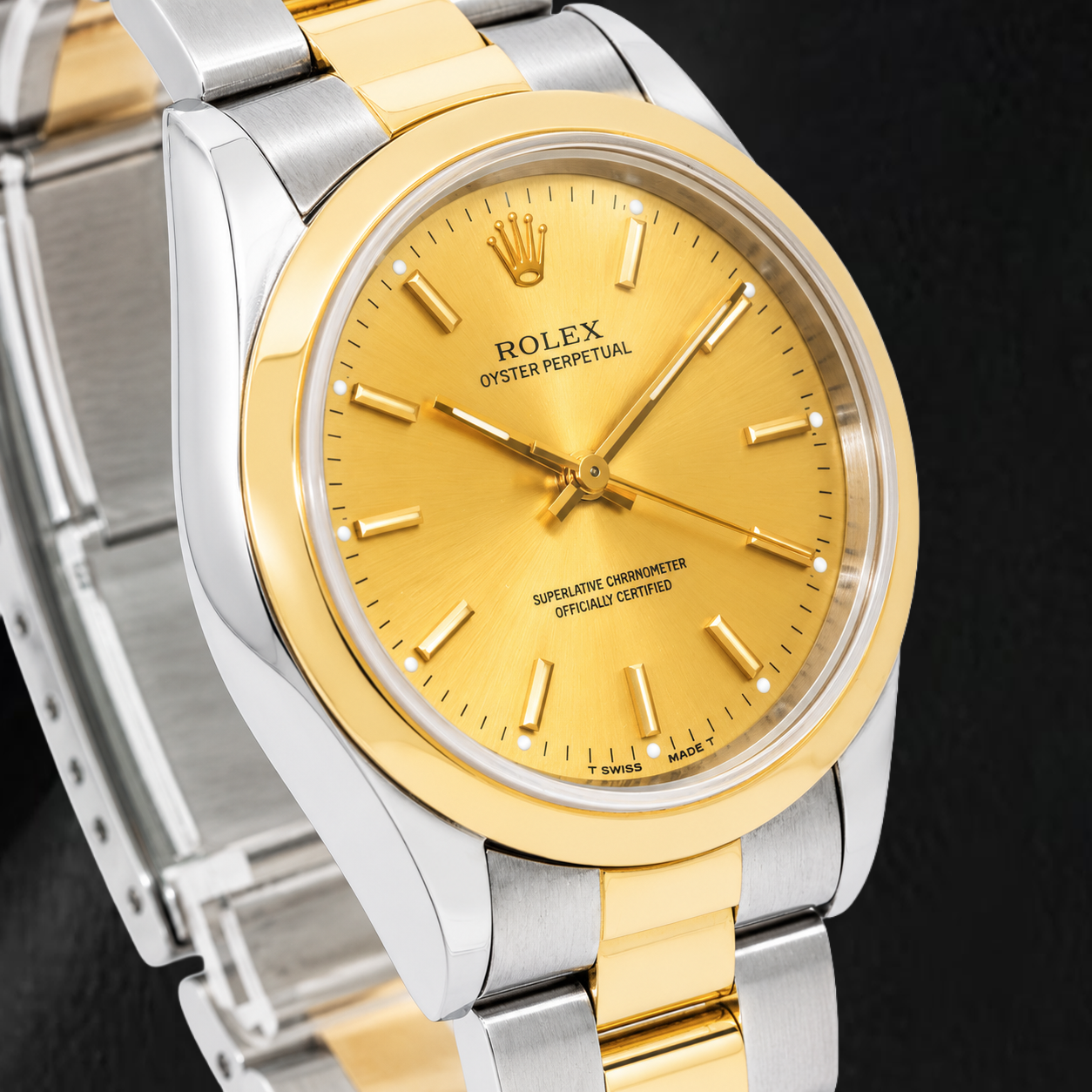 Rolex Oyster Perpetual 14203 34 mm Bicolor-Uhr mit champagnerfarbenem Zifferblatt mit Stabindizes