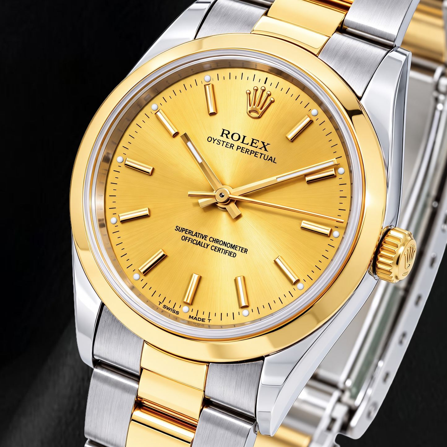 Rolex Oyster Perpetual 14203 34 mm Bicolor-Uhr mit champagnerfarbenem Zifferblatt mit Stabindizes