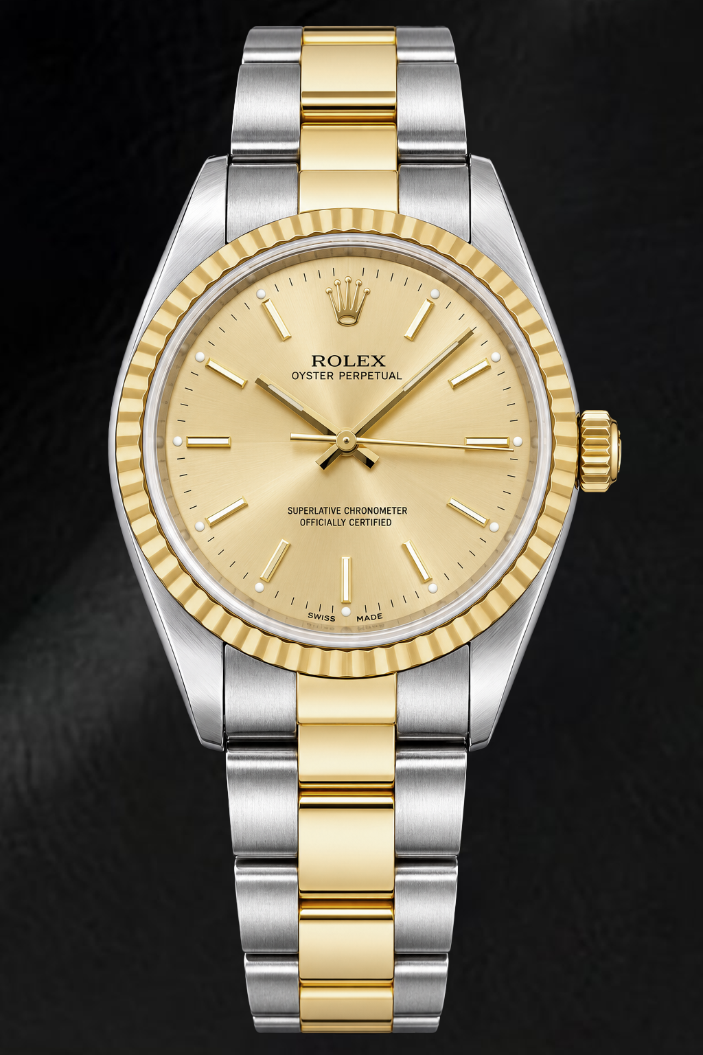 Rolex Oyster Perpetual 14233 34 mm Bicolor-Uhr mit champagnerfarbenem Zifferblatt mit Stabindizes