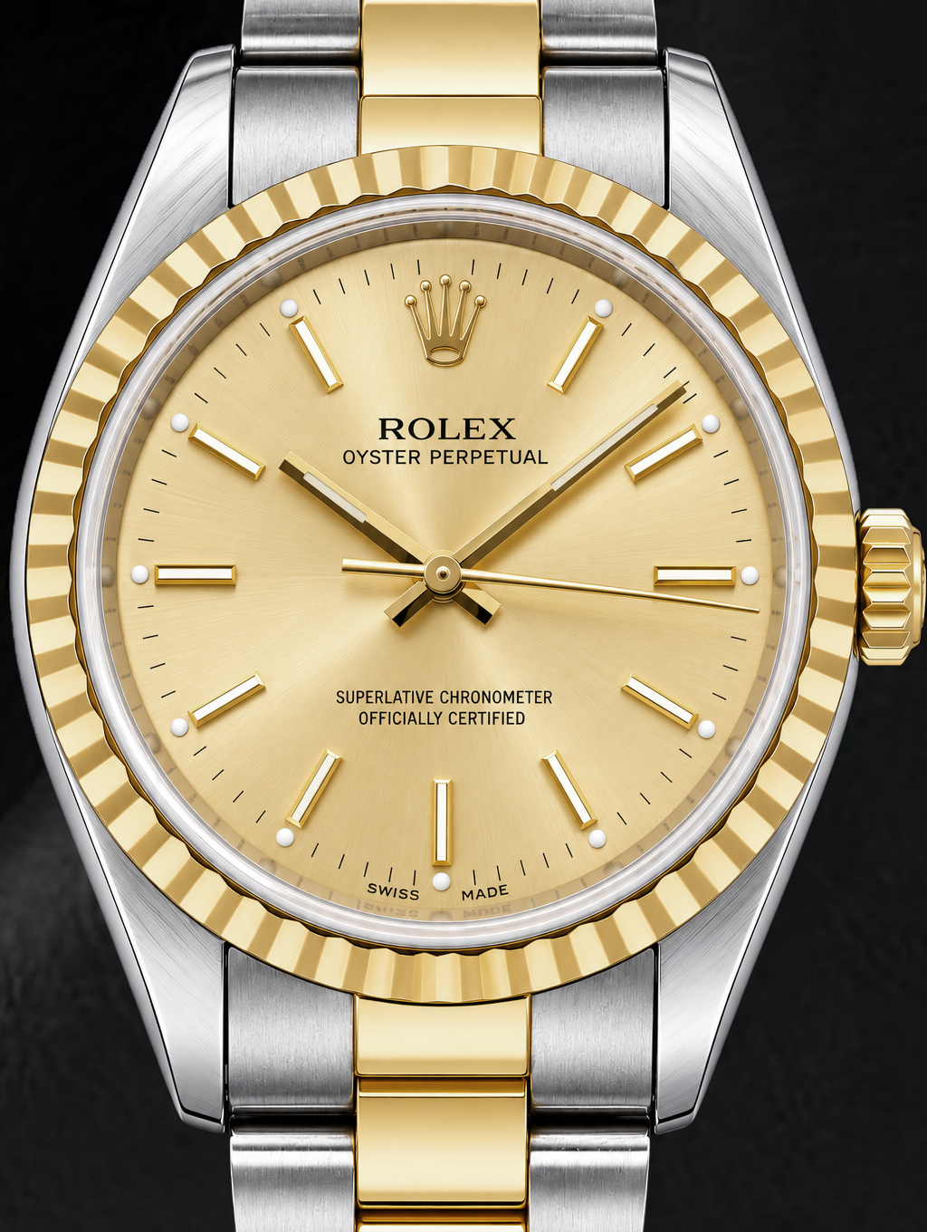 Rolex Oyster Perpetual 14233 34 mm Bicolor-Uhr mit champagnerfarbenem Zifferblatt mit Stabindizes