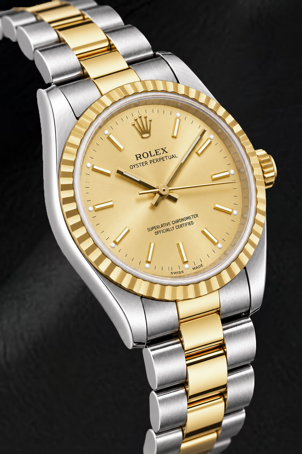 Rolex Oyster Perpetual 14233 34 mm Bicolor-Uhr mit champagnerfarbenem Zifferblatt mit Stabindizes