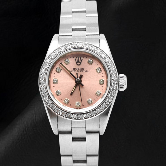 Rolex Oyster Perpetual, 24 mm, Edelstahluhr mit rosa Diamant-Zifferblatt