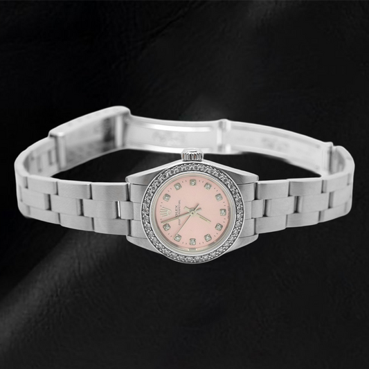 Rolex Oyster Perpetual, 24 mm, Edelstahluhr mit rosa Diamant-Zifferblatt