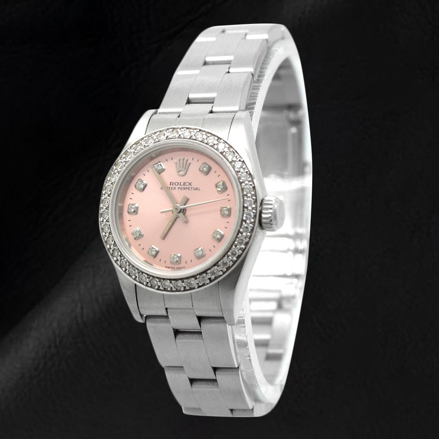 Rolex Oyster Perpetual, 24 mm, Edelstahluhr mit rosa Diamant-Zifferblatt