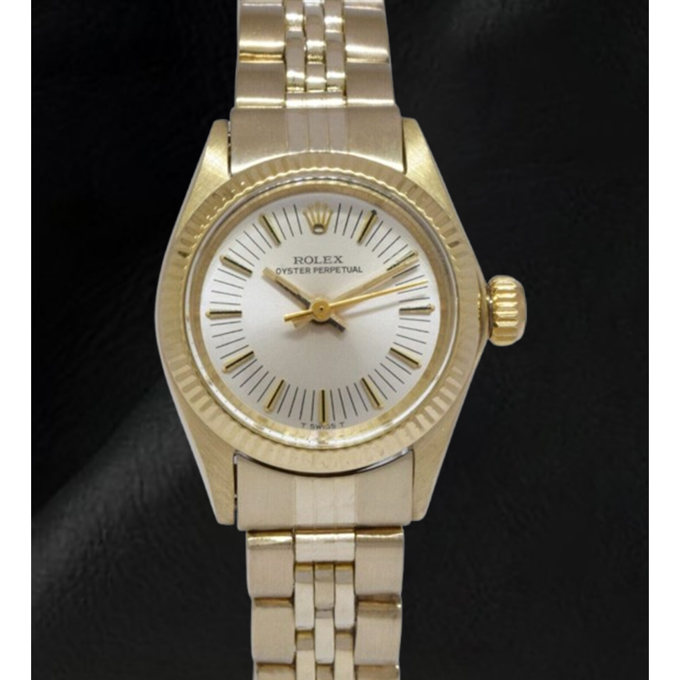 Rolex Oyster Perpetual 24 mm Silber Stabzifferblatt Gelbgold Uhr
