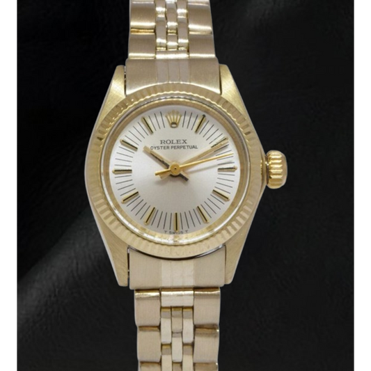 Rolex Oyster Perpetual 24 mm Silber Stabzifferblatt Gelbgold Uhr