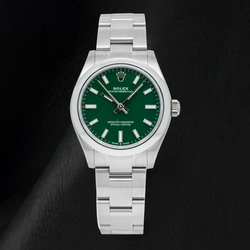 Rolex Oyster Perpetual 277200 31 mm Uhr aus Edelstahl mit grünem Zifferblatt und glatter Lünette