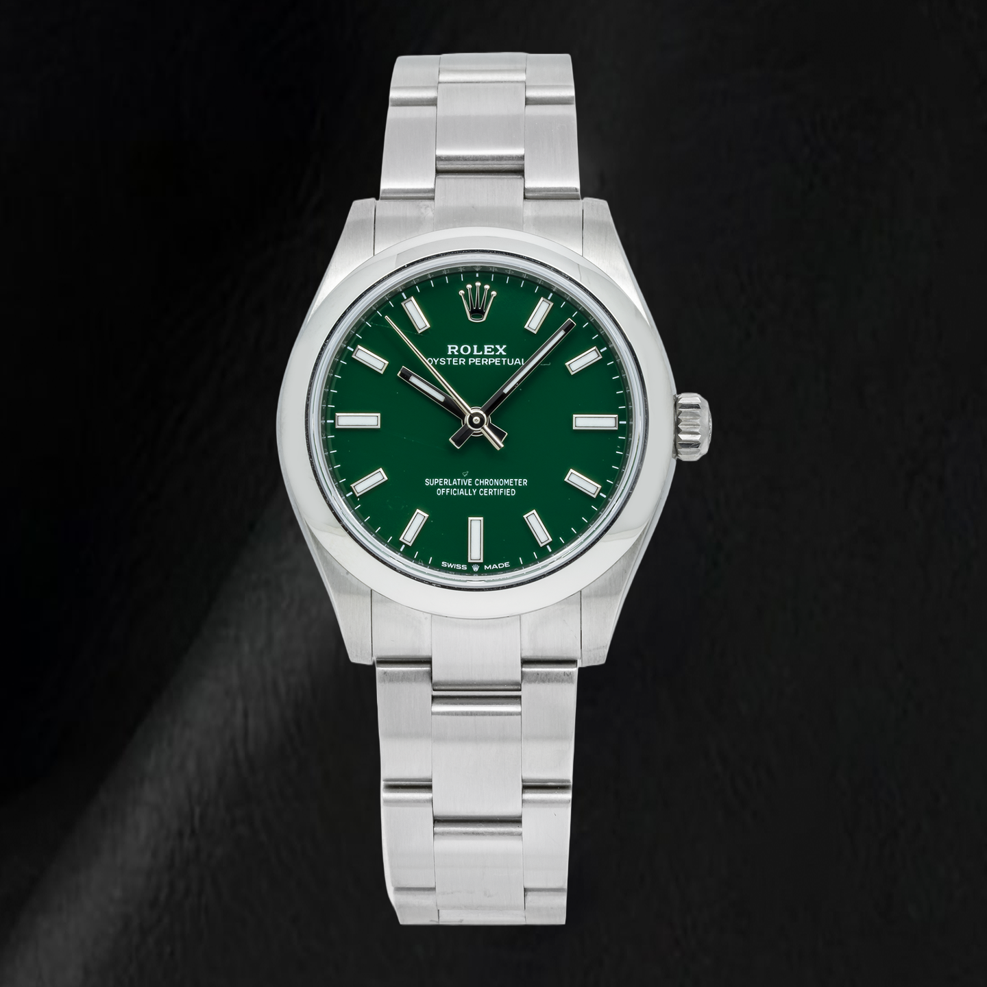 Rolex Oyster Perpetual 277200 31 mm Uhr aus Edelstahl mit grünem Zifferblatt und glatter Lünette