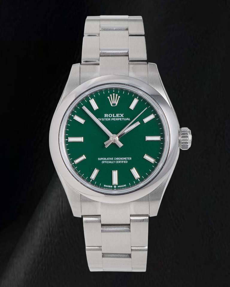 Rolex Oyster Perpetual 277200 31 mm Uhr aus Edelstahl mit grünem Zifferblatt und glatter Lünette