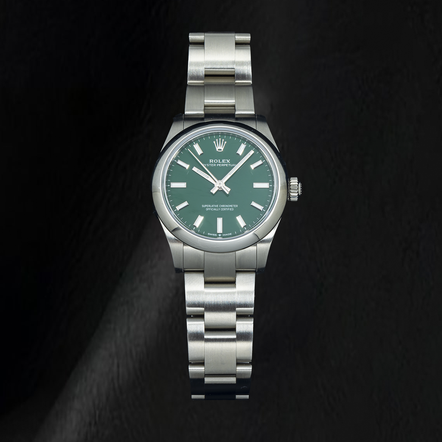 Rolex Oyster Perpetual 277200 31 mm Uhr aus Edelstahl mit grünem Zifferblatt und glatter Lünette
