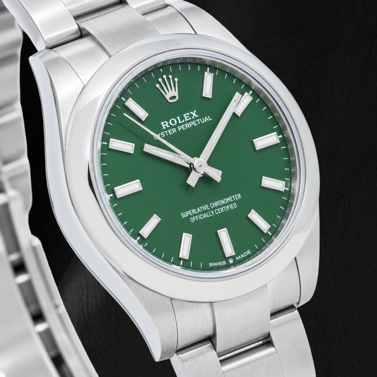 Rolex Oyster Perpetual 277200 31 mm Uhr aus Edelstahl mit grünem Zifferblatt und glatter Lünette