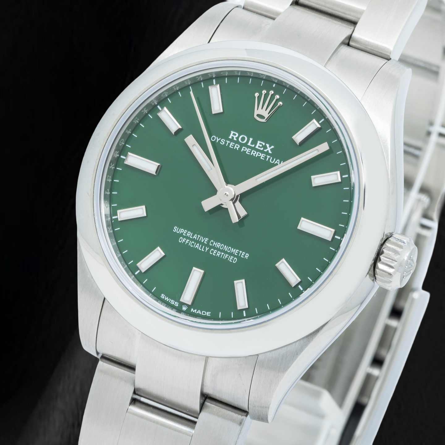 Rolex Oyster Perpetual 277200 31 mm Uhr aus Edelstahl mit grünem Zifferblatt und glatter Lünette