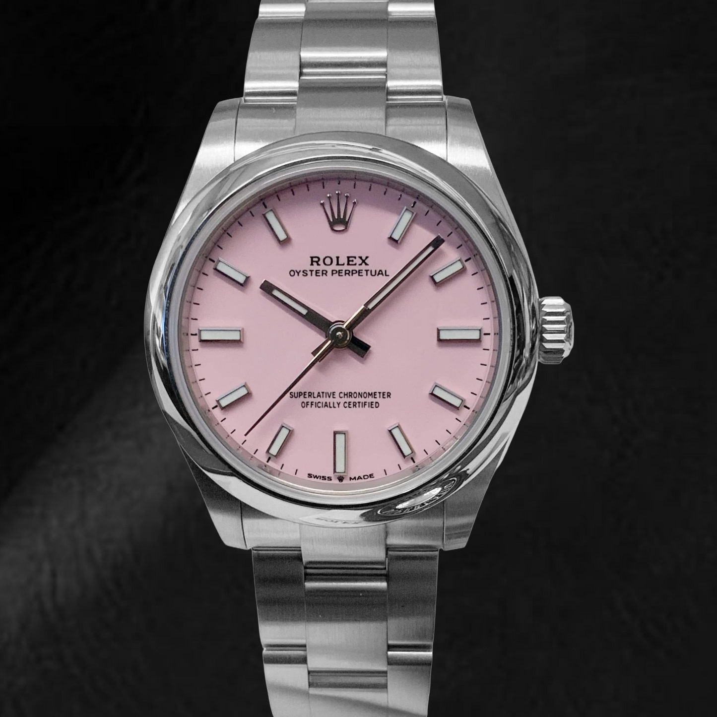 Rolex Oyster Perpetual 31 mm bonbonrosa Herrenuhr mit leuchtendem Zifferblatt aus Edelstahl