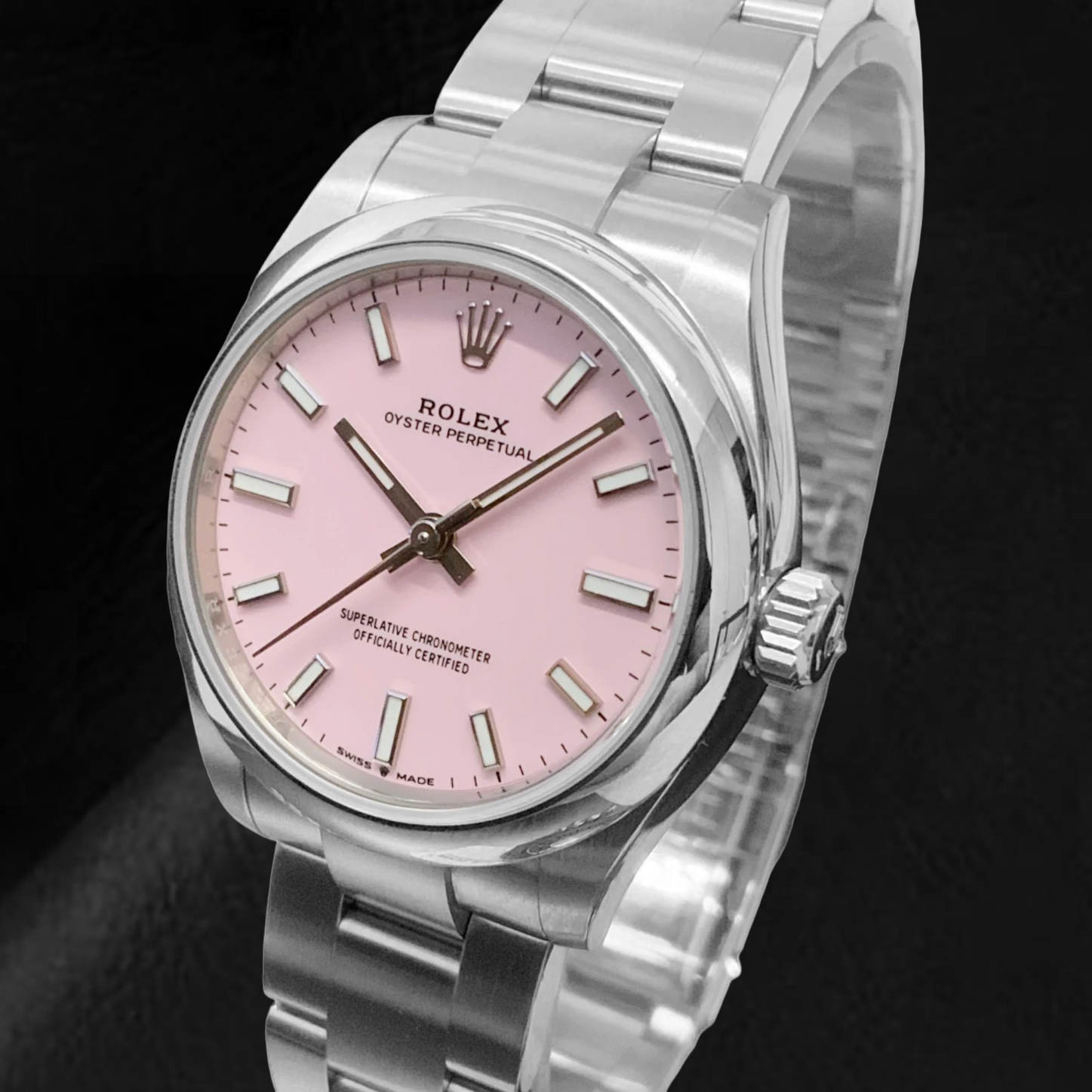 Rolex Oyster Perpetual 31 mm bonbonrosa Herrenuhr mit leuchtendem Zifferblatt aus Edelstahl