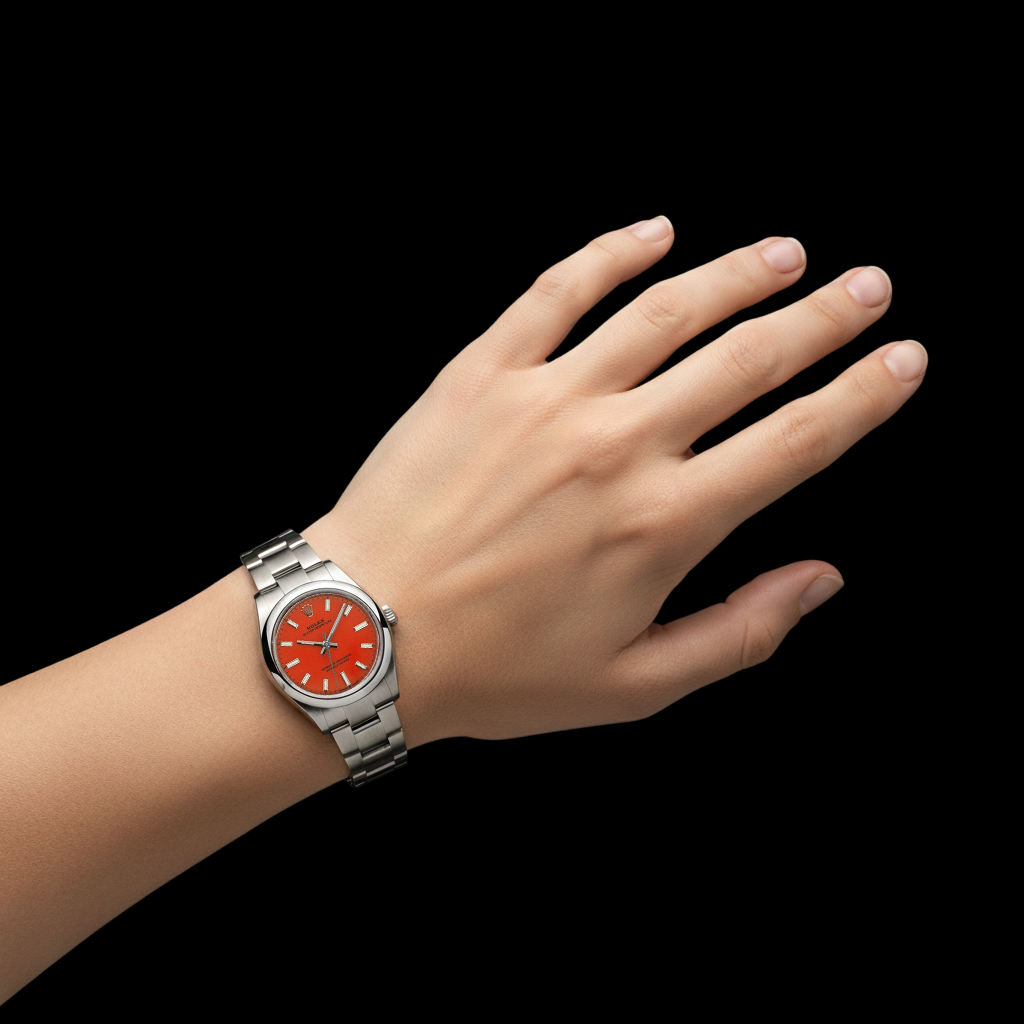 Rolex Oyster Perpetual 31 mm korallrote Herrenuhr aus Stahl mit leuchtendem Zifferblatt