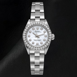 Rolex Oyster Perpetual 67193 26 mm Edelstahl Uhr mit Diamantzifferblatt aus weißem Perlmutt