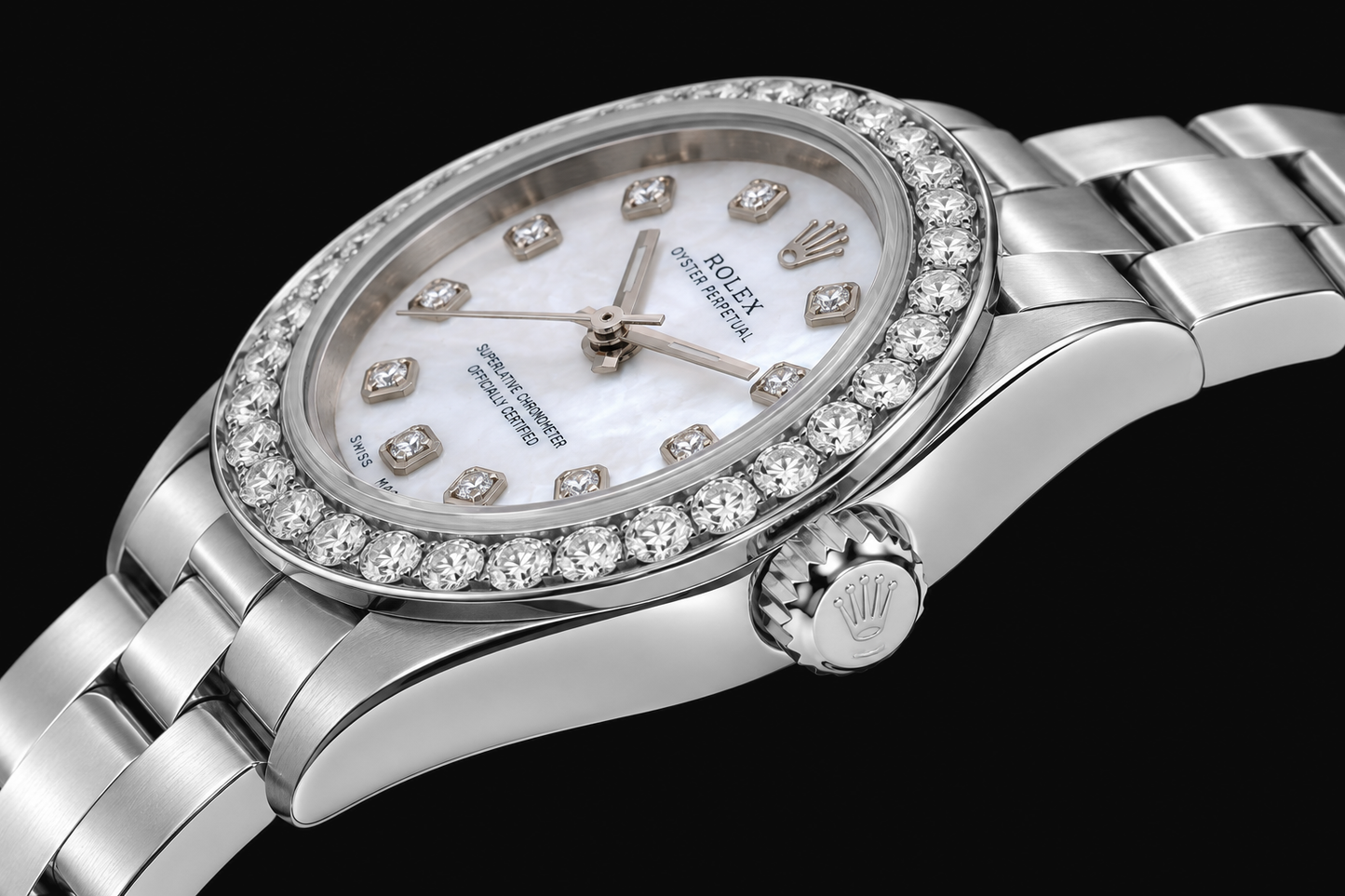 Rolex Oyster Perpetual 67193 26 mm Edelstahl Uhr mit Diamantzifferblatt aus weißem Perlmutt