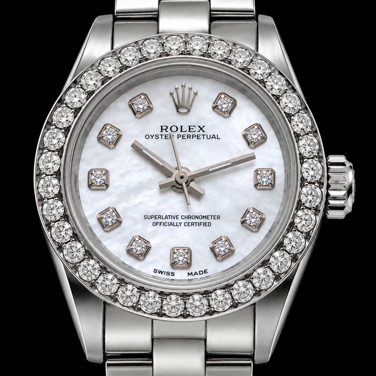 Rolex Oyster Perpetual 67193 26 mm Edelstahl Uhr mit Diamantzifferblatt aus weißem Perlmutt