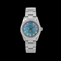 Rolex Oyster Perpetual 67480 31 mm Blaues Perlmutt-Diamantzifferblatt Edelstahl