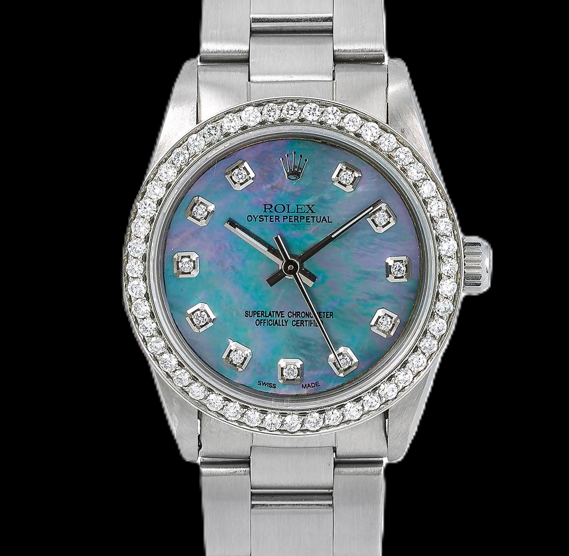 Rolex Oyster Perpetual 67480 31 mm Blaues Perlmutt-Diamantzifferblatt Edelstahl