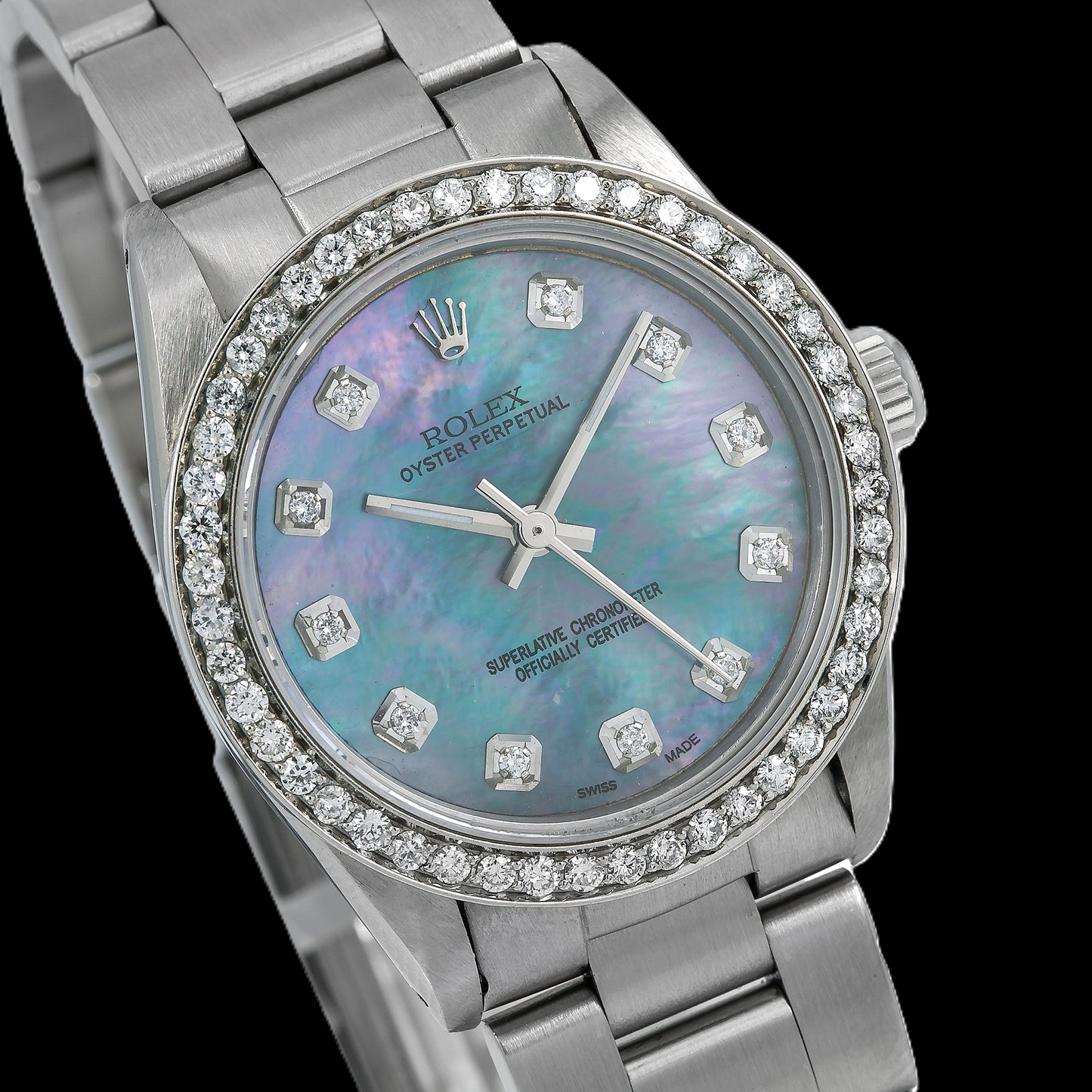 Rolex Oyster Perpetual 67480 31 mm Blaues Perlmutt-Diamantzifferblatt Edelstahl