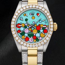Rolex Oyster Perpetual 6748 31 mm Bicolor-Uhr, Türkis Celebration, leuchtendes Zifferblatt mit Stabindizes