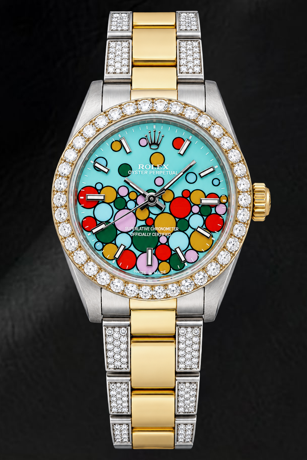 Rolex Oyster Perpetual 6748 31 mm Bicolor-Uhr, Türkis Celebration, leuchtendes Zifferblatt mit Stabindizes