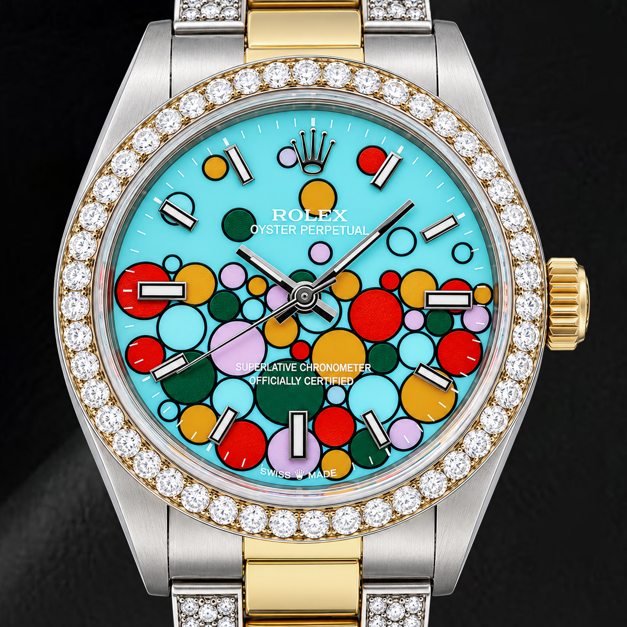 Rolex Oyster Perpetual 6748 31 mm Bicolor-Uhr, Türkis Celebration, leuchtendes Zifferblatt mit Stabindizes
