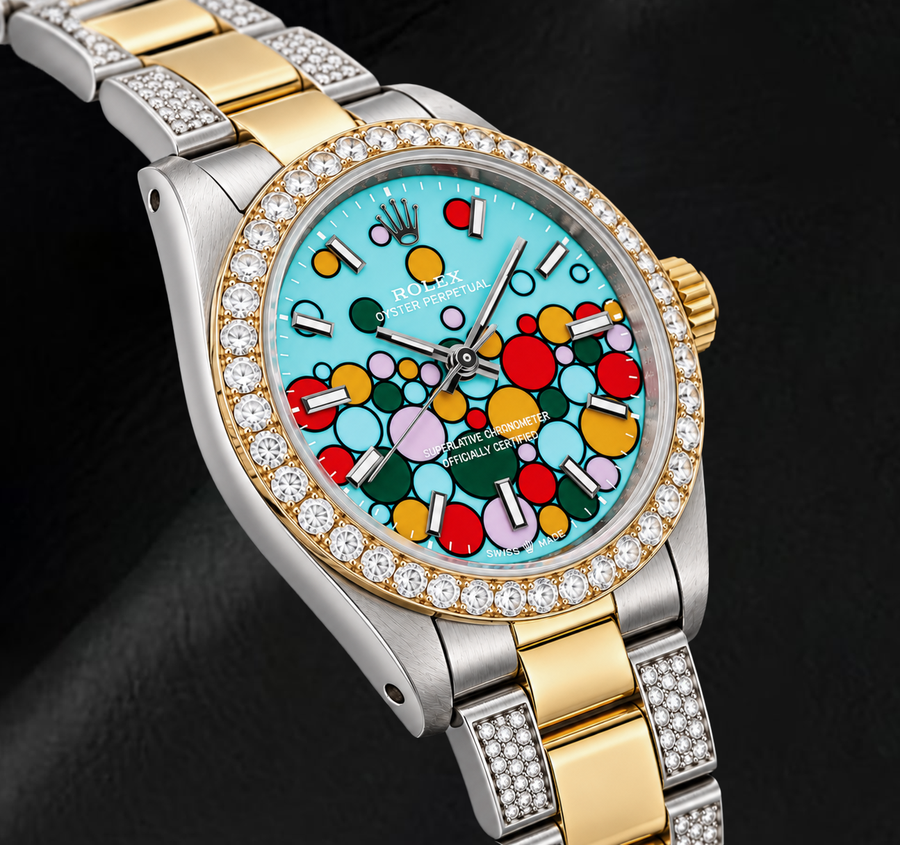 Rolex Oyster Perpetual 6748 31 mm Bicolor-Uhr, Türkis Celebration, leuchtendes Zifferblatt mit Stabindizes