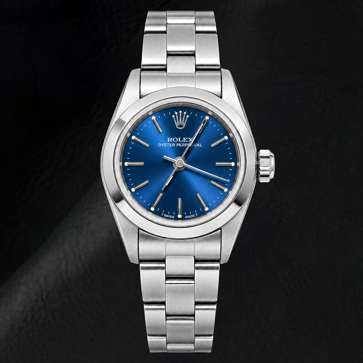 Rolex Oyster Perpetual 76080 26 mm Uhr aus Edelstahl, blaues Zifferblatt mit Stabindizes