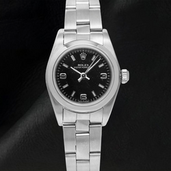 Rolex Oyster Perpetual 76094 26 mm Uhr, schwarzes Zifferblatt mit arabischen Ziffern, Edelstahl, Oyster-Armband