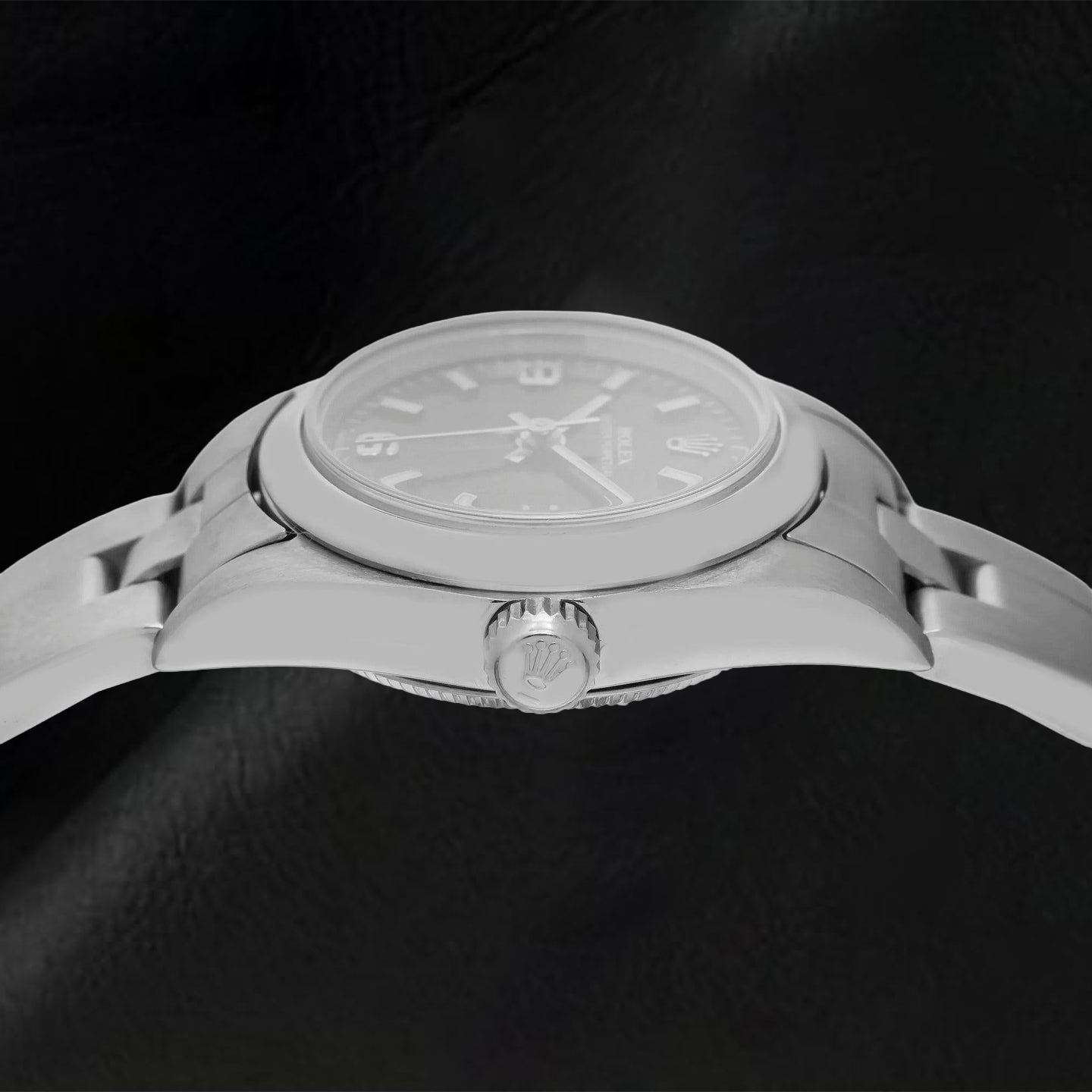 Rolex Oyster Perpetual 76094 26 mm Uhr, schwarzes Zifferblatt mit arabischen Ziffern, Edelstahl, Oyster-Armband